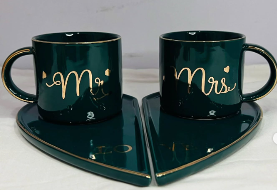 Mr and Mrs mugs set with heart Tray  Colours Available