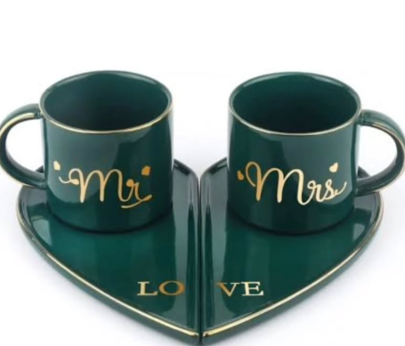 Mr and Mrs mugs set with heart Tray  Colours Available